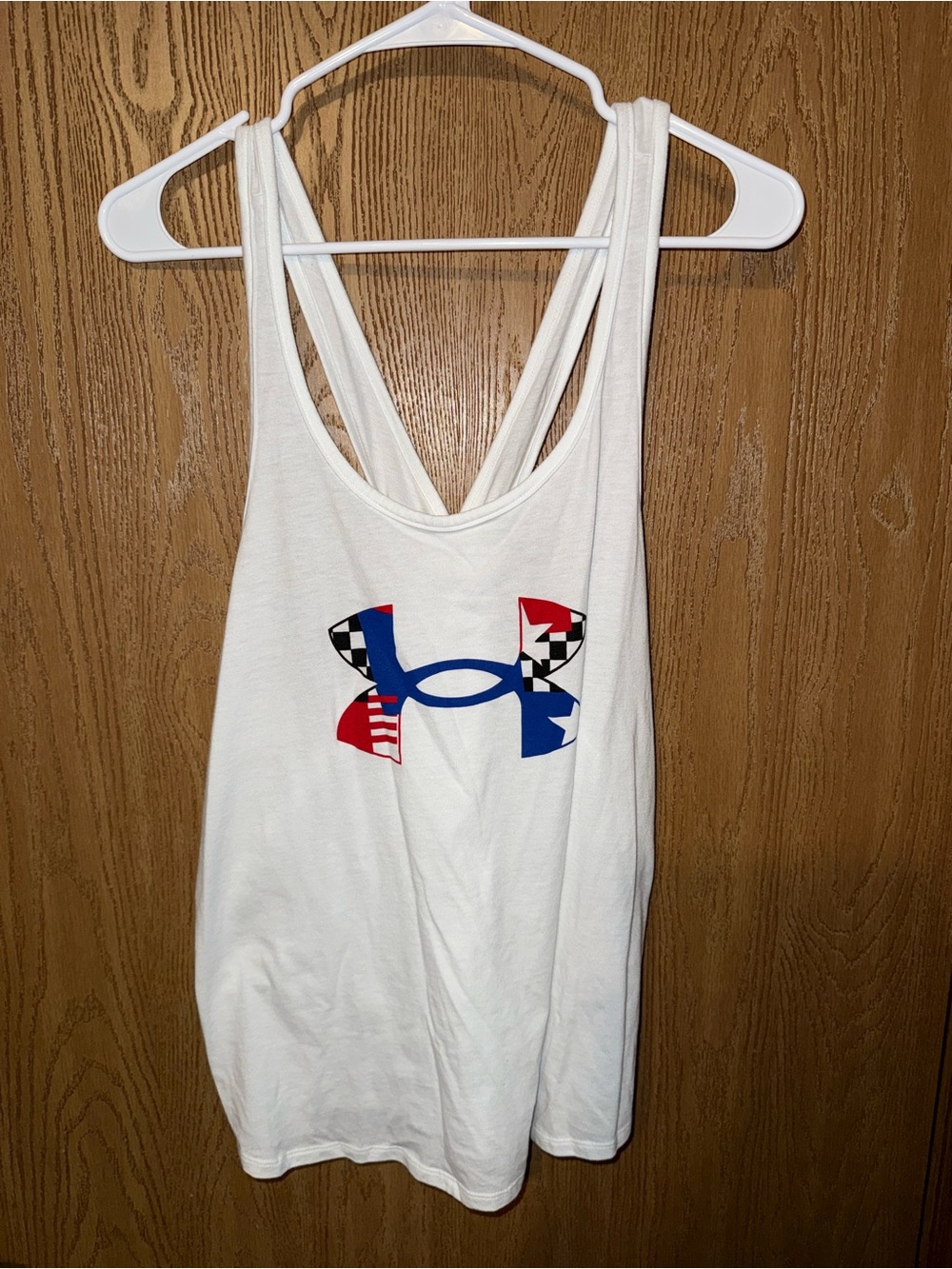 Under Armour White Tank Top with Red, Blue & Black Logo